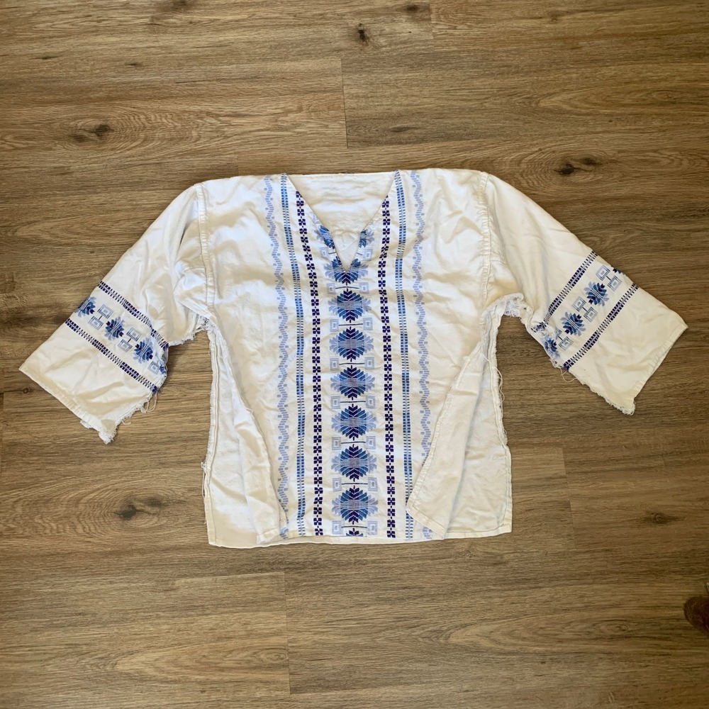 Vintage 70s Handmade Embroidered Cotton Tunic Chemise Blue White - Boho Folk
